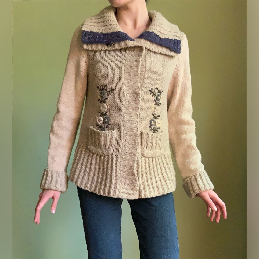 Rare Vintage Free People Embroidered Flower Sweater, Chunky Knit Floral Sweater
